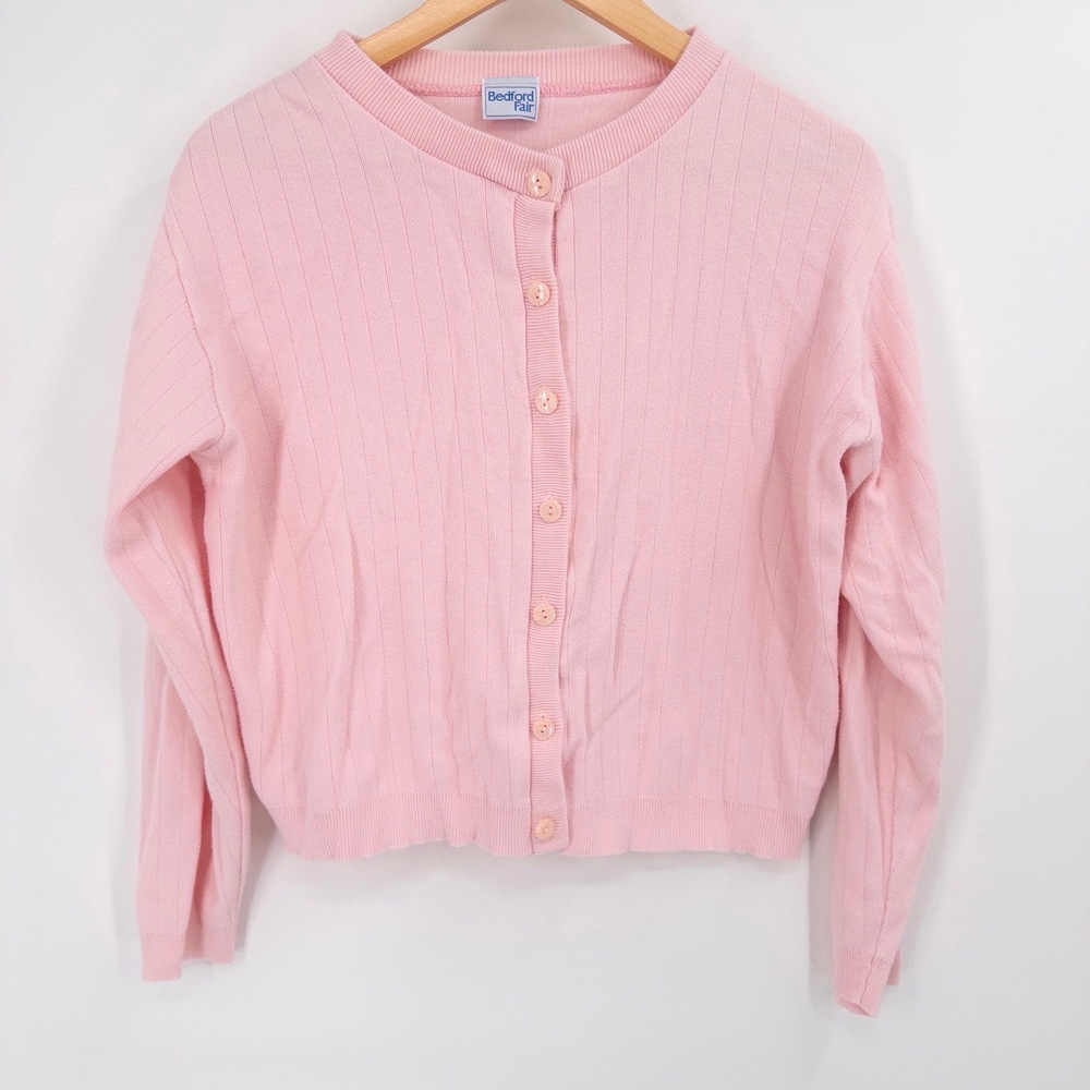 Y2K Pink Ribbed Cardigan Sweater Balletcore Coquette Light Academia Womens M